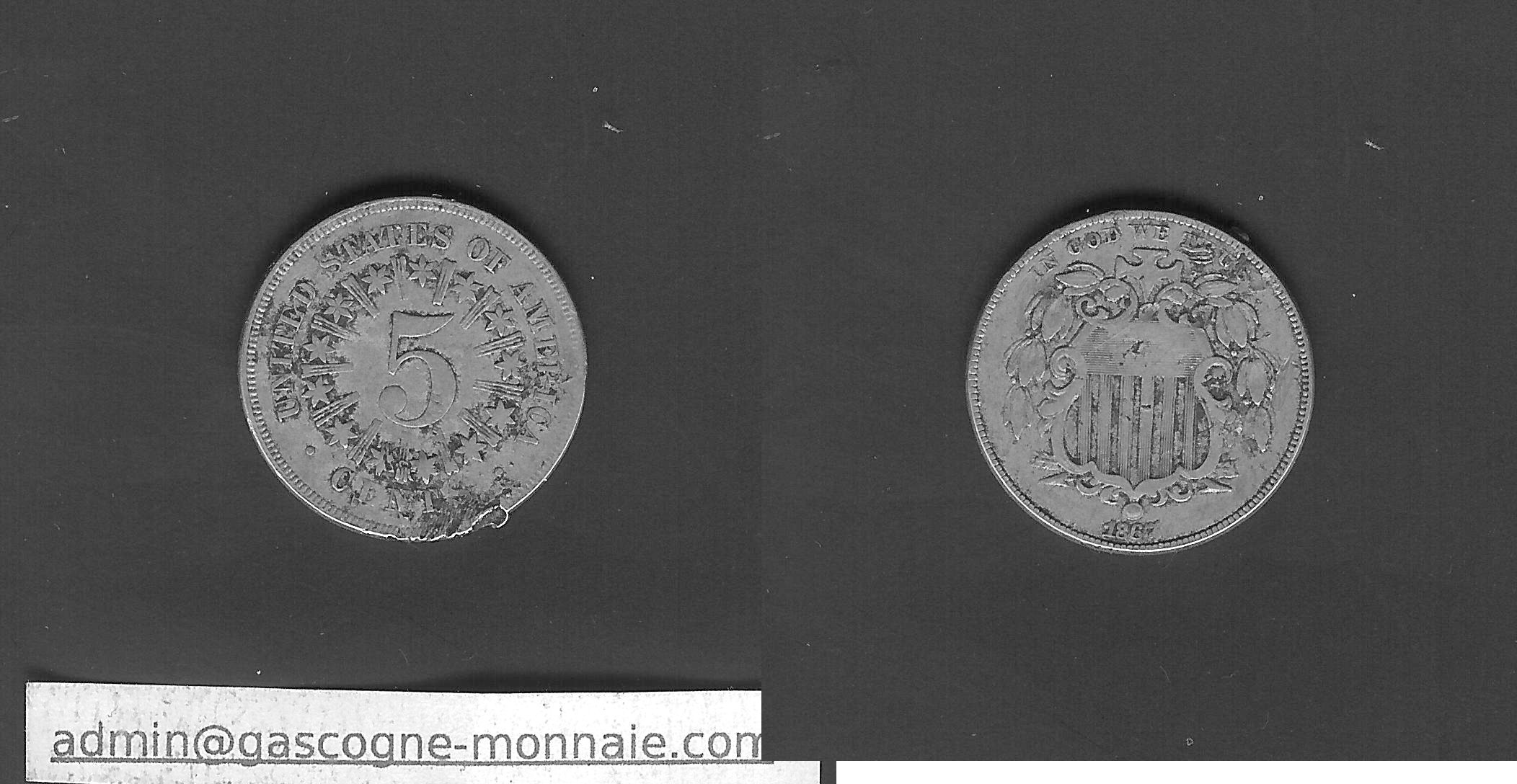 Etats-Unis 5 cents Shield Nickel (avec rayon) 1867 TTB-